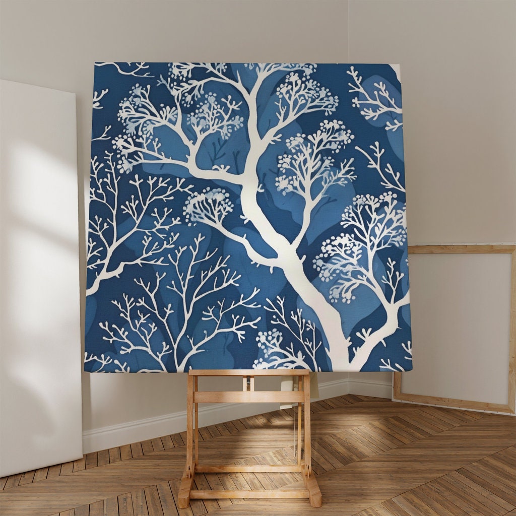 Delicate Trees White Stylized Trees on Blue Background in Batik Style Interactive Wall Art