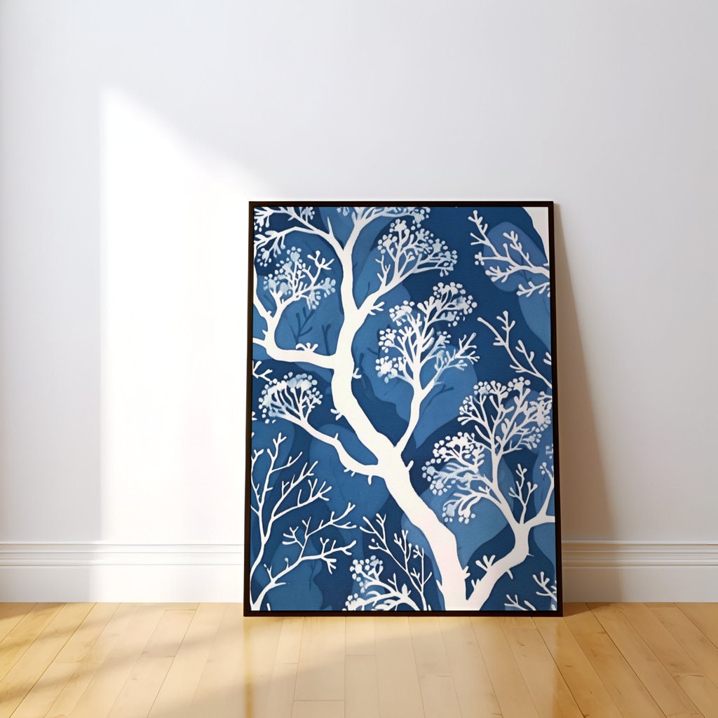 Delicate Trees White Stylized Trees on Blue Background in Batik Style Interactive Wall Art