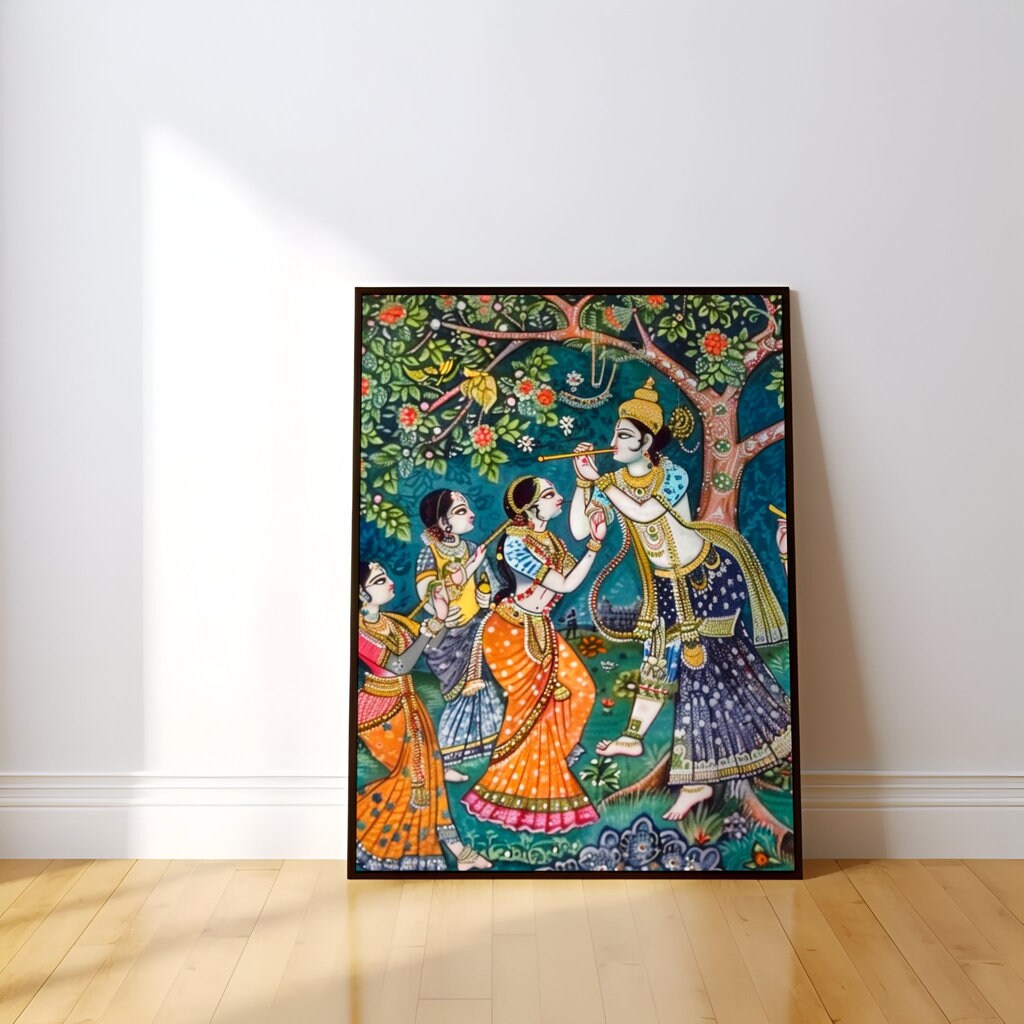 Divine Melody Krishna Playing Flute Under Mango Tree Interactive Wall Art