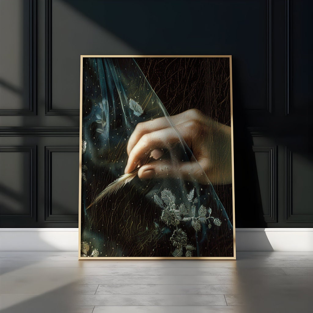 Whispering Grace Woman's Hand Holding Delicate Feather Behind Sheer Veil Interactive Wall Art