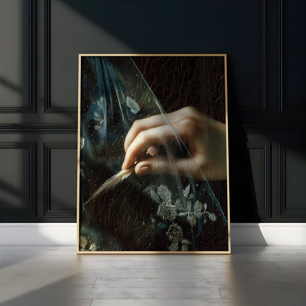 The Veiled Truth: Elegant Hand Holding Feather Art | Mysterious & Graceful Wall Decor