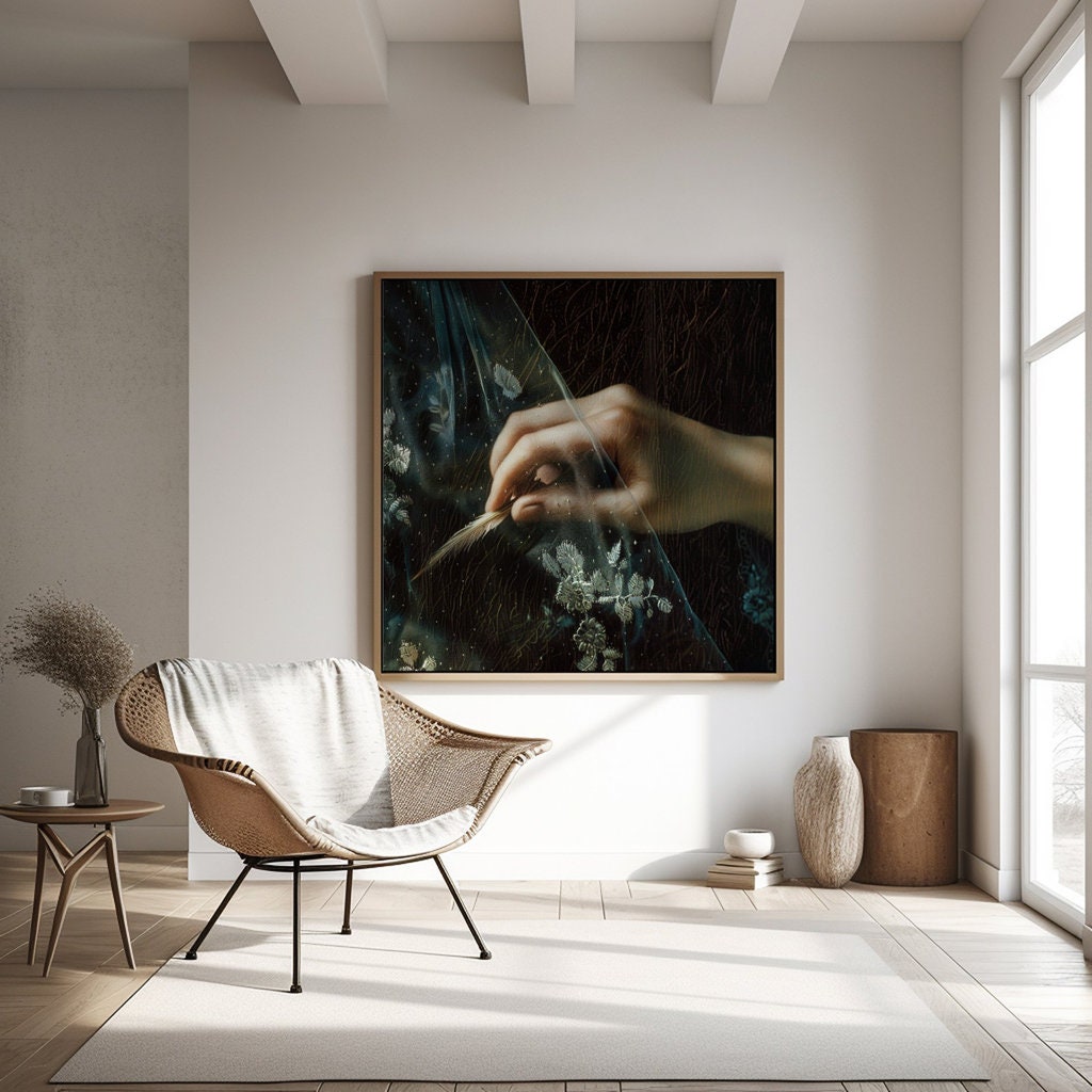 Whispering Grace Woman's Hand Holding Delicate Feather Behind Sheer Veil Interactive Wall Art