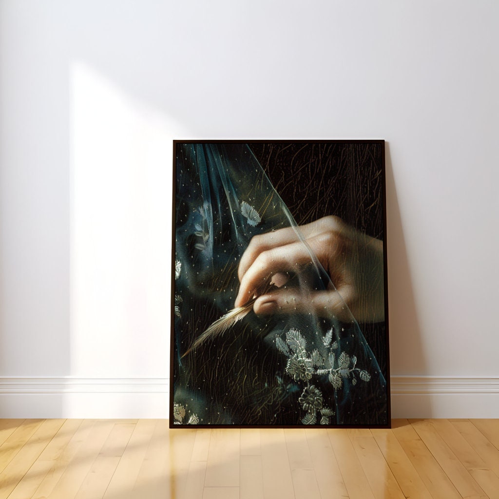 Whispering Grace Woman's Hand Holding Delicate Feather Behind Sheer Veil Interactive Wall Art