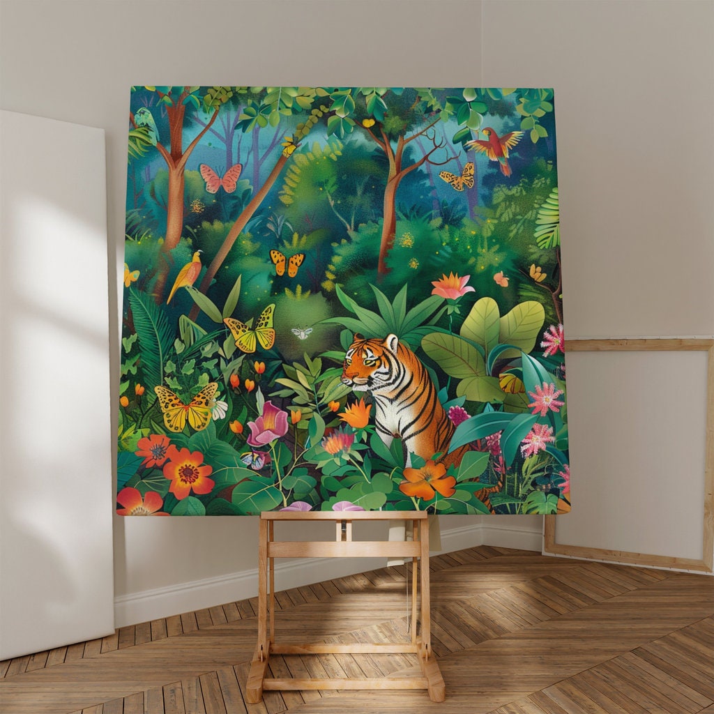 Tropical Majestic Bengal Tiger Surrounded by Lush Foliage Interactive Wall Art