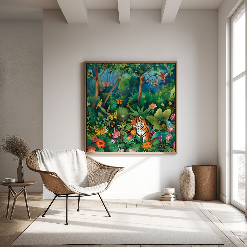 Jungle Majesty: Vibrant Bengal Tiger with Flowers & Butterflies | Exotic & Elegant Wall Art