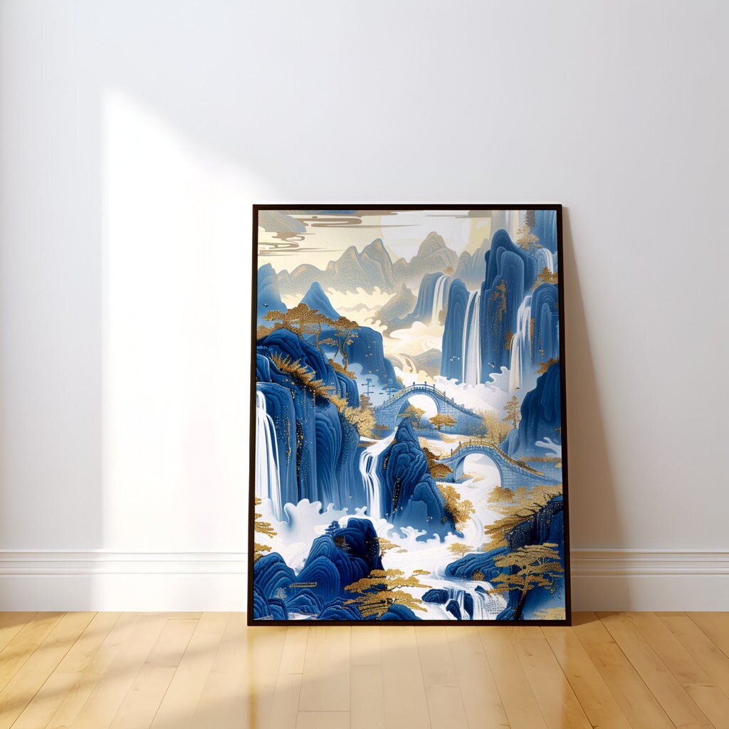 Golden Serenity: Chinese Mountain Landscape with Waterfalls | Traditional Blue & Gold Ink Painting