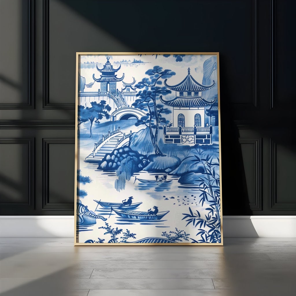 Porcelain Serenity Blue and White Chinese Landscape with Traditional Houses Interactive Wall Art