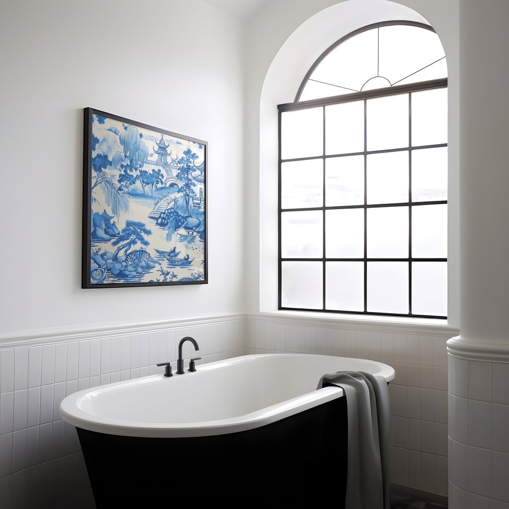 Porcelain Serenity Blue and White Chinese Landscape with Traditional Houses Interactive Wall Art