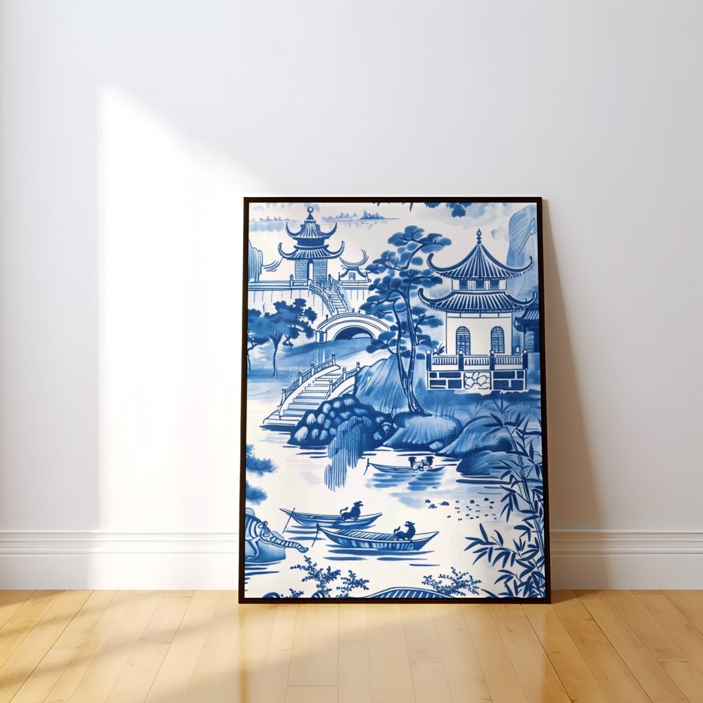 Porcelain Serenity Blue and White Chinese Landscape with Traditional Houses Interactive Wall Art