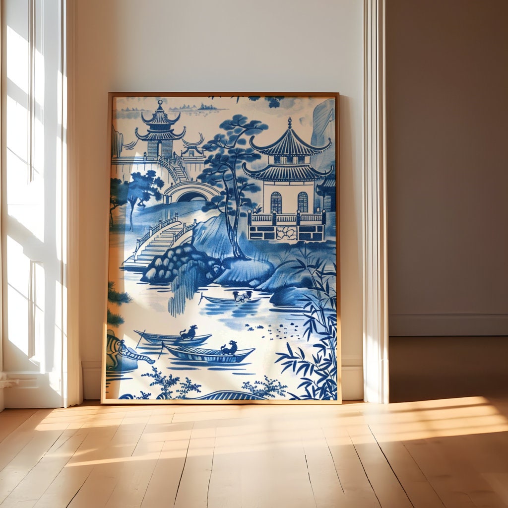 Porcelain Serenity Blue and White Chinese Landscape with Traditional Houses Interactive Wall Art
