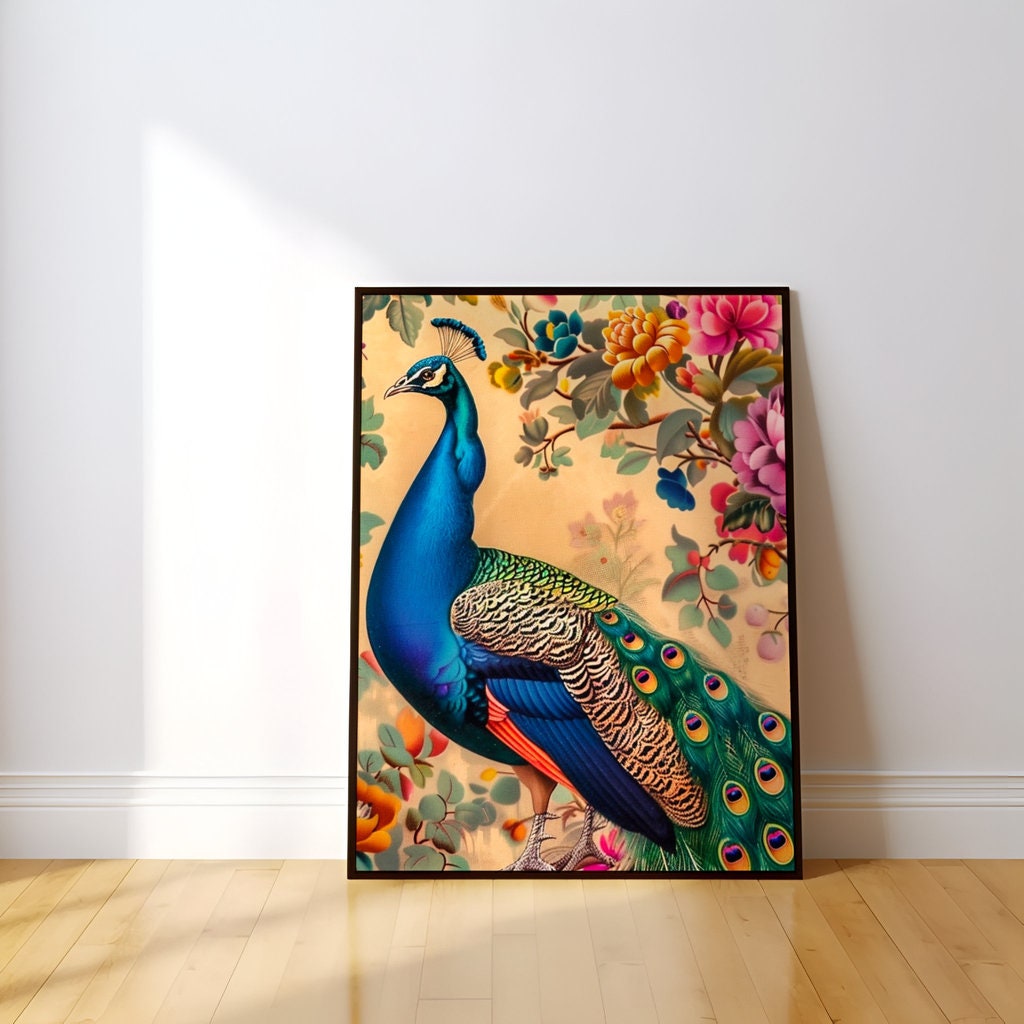Peacock Majesty: Vibrant Bird with Flowers Art Print | Elegant & Colorful Wildlife Decor