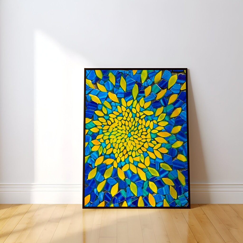 The Golden Vortex: Vibrant Blue & Yellow Abstract Mosaic | Radiant & Energetic Wall Art