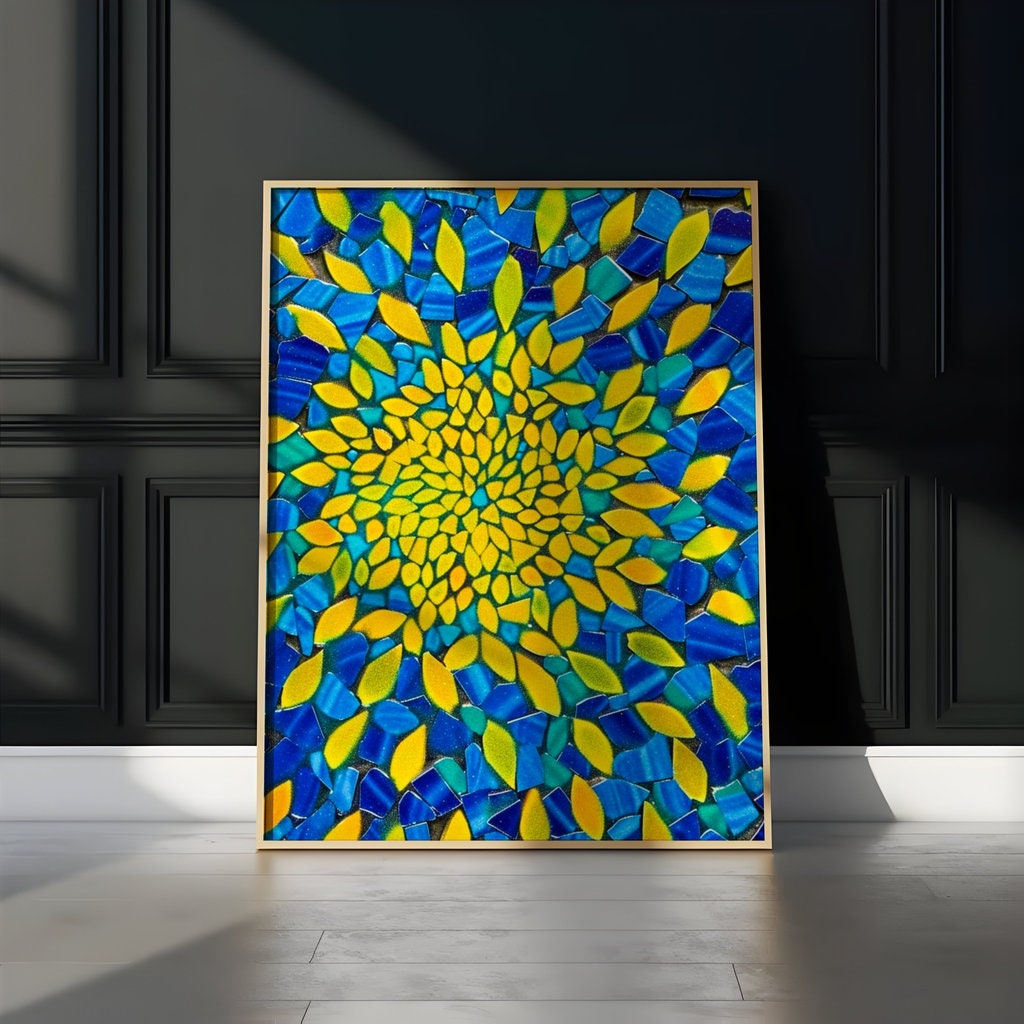 The Golden Vortex: Vibrant Blue & Yellow Abstract Mosaic | Radiant & Energetic Wall Art