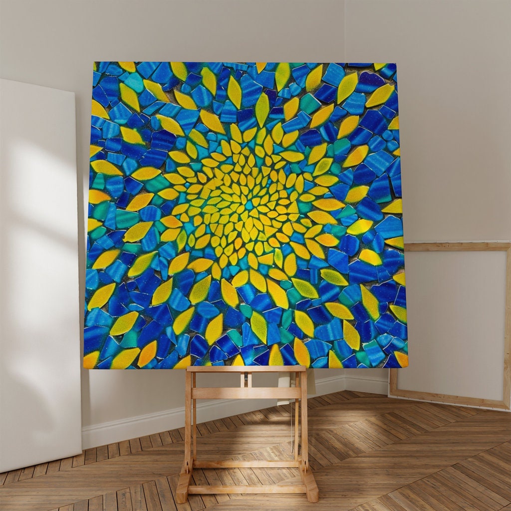 The Golden Vortex: Vibrant Blue & Yellow Abstract Mosaic | Radiant & Energetic Wall Art