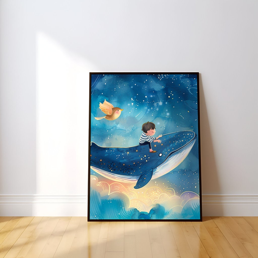 Whimsical Journey Boy Riding a Flying Whale in the Night Sky