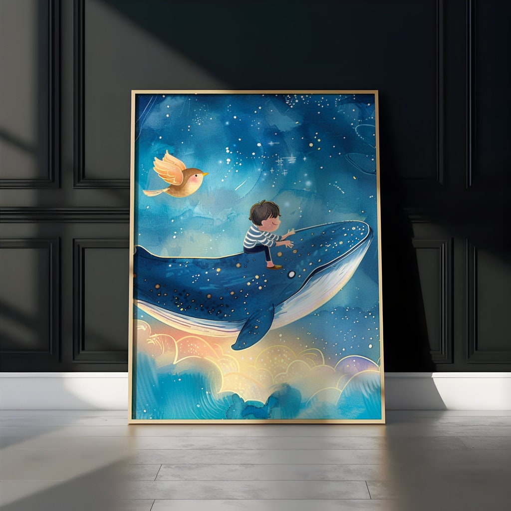 Whimsical Journey Boy Riding a Flying Whale in the Night Sky