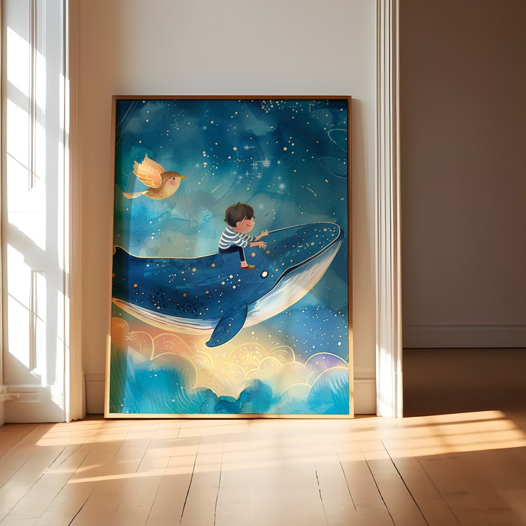 Whimsical Journey Boy Riding a Flying Whale in the Night Sky