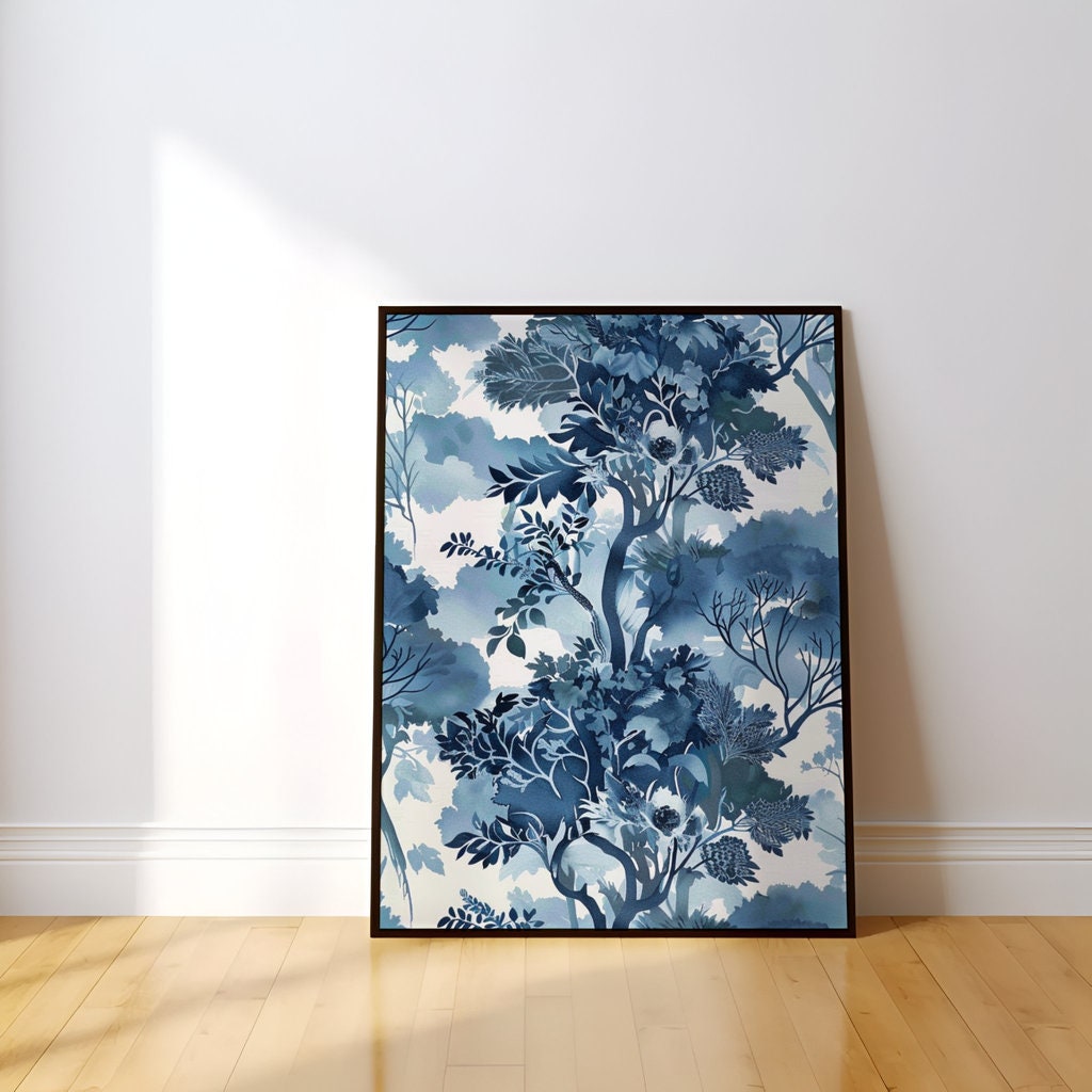 Ethereal Blue: Serene Watercolor Tree & Leaf Pattern | Tranquil & Elegant Wall Decor