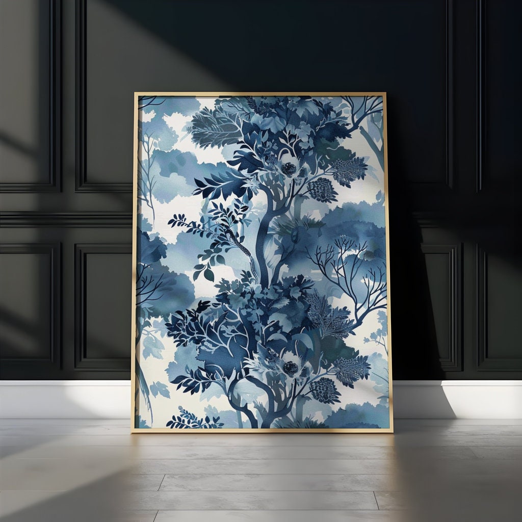 Ethereal Blue: Serene Watercolor Tree & Leaf Pattern | Tranquil & Elegant Wall Decor