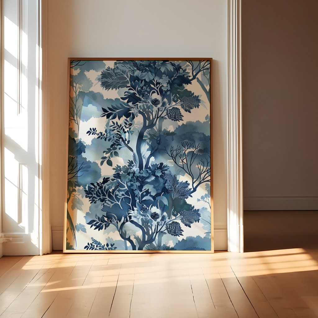 Ethereal Blue: Serene Watercolor Tree & Leaf Pattern | Tranquil & Elegant Wall Decor
