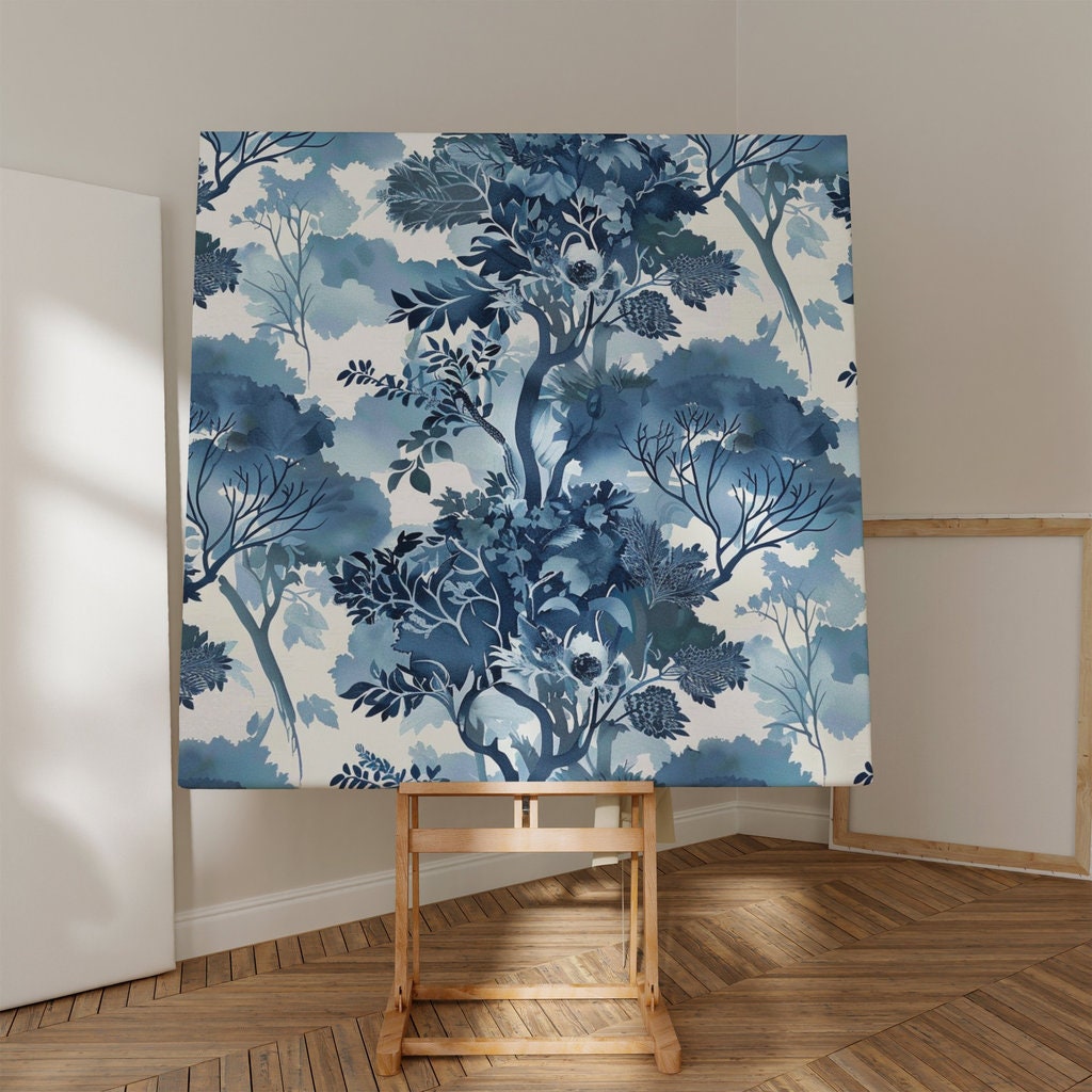 Ethereal Blue: Serene Watercolor Tree & Leaf Pattern | Tranquil & Elegant Wall Decor