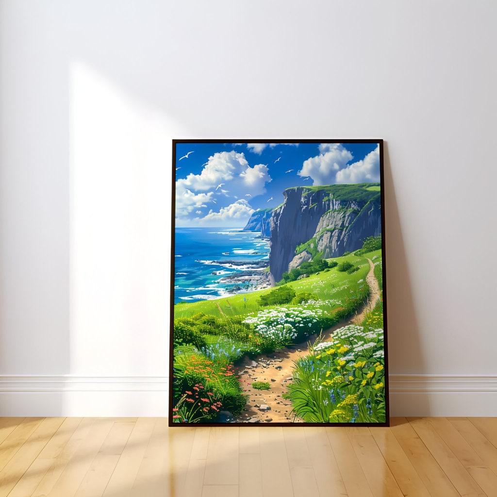 Path to Serenity: Anime-Inspired Wildflower Field & Ocean Cliffs | Whimsical & Vibrant Landscape Art