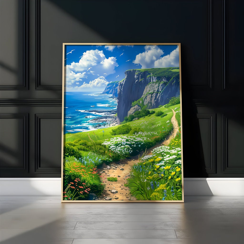 Path to Serenity: Anime-Inspired Wildflower Field & Ocean Cliffs | Whimsical & Vibrant Landscape Art