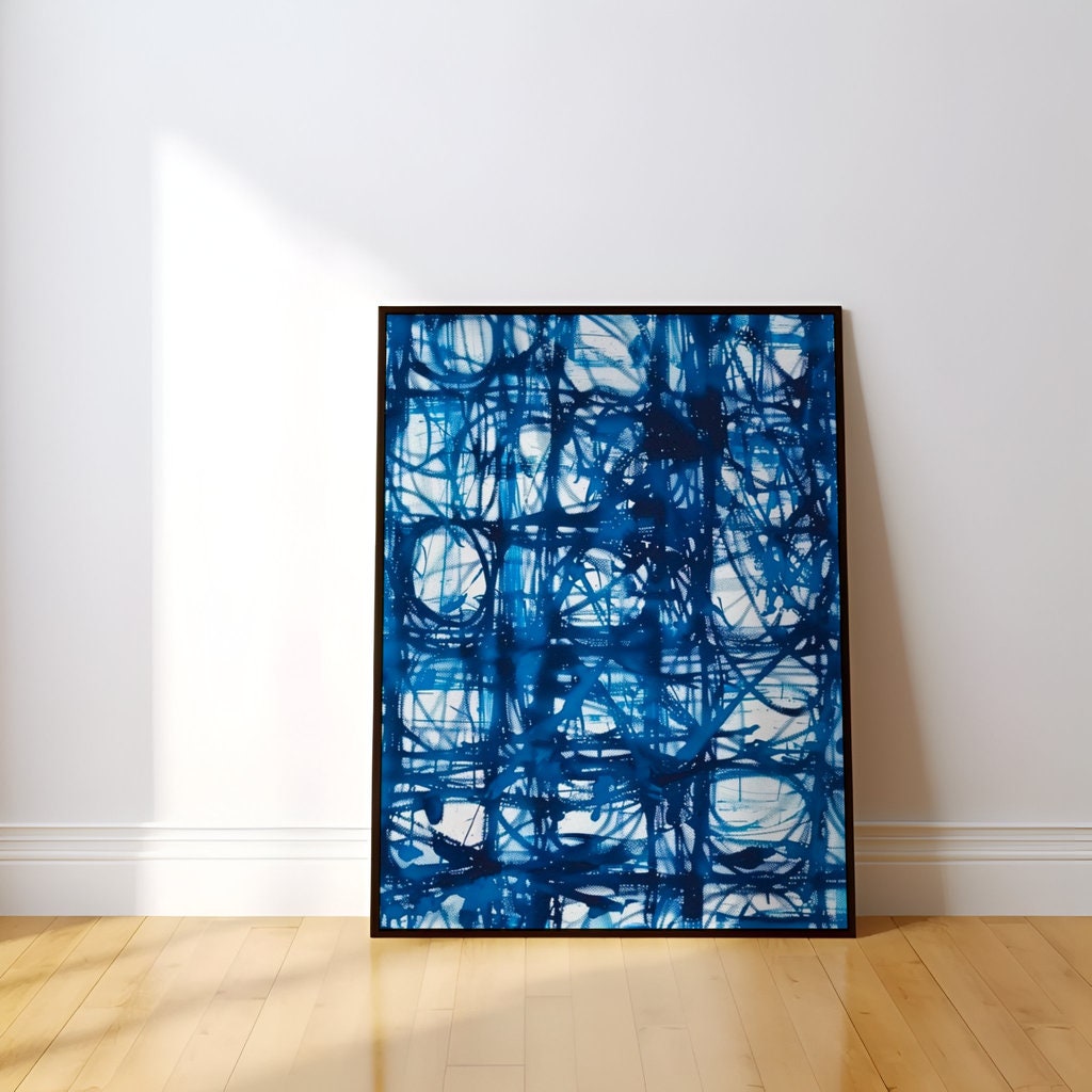 Chaotic Energy Abstract Blue Lines on White Interactive Wall Art