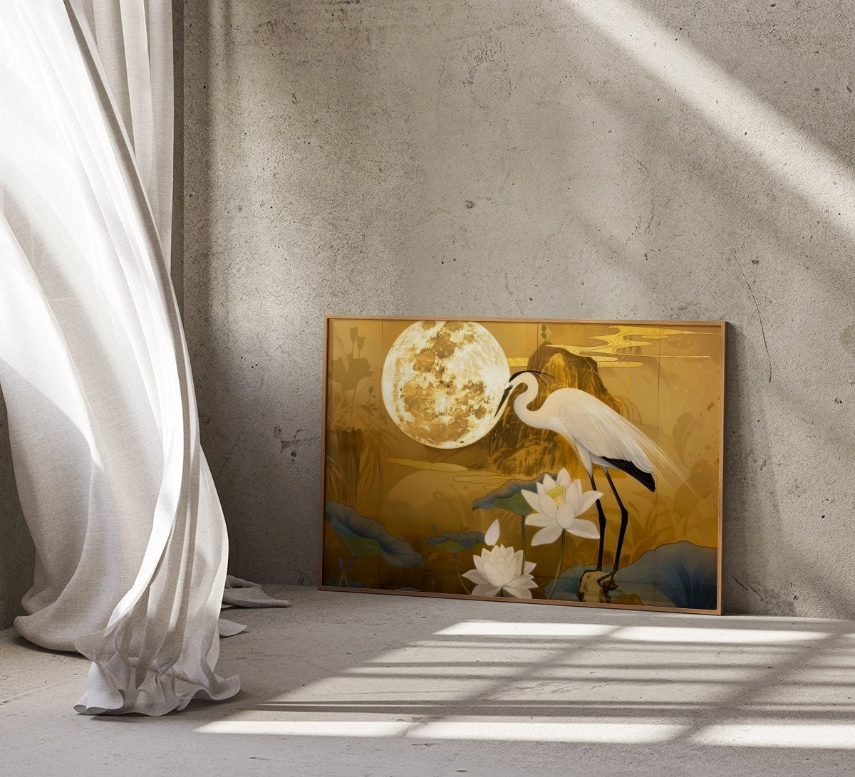 Moonlit Heron: Traditional Chinese Art with Lotus & Moon | Elegant & Serene Wall Decor