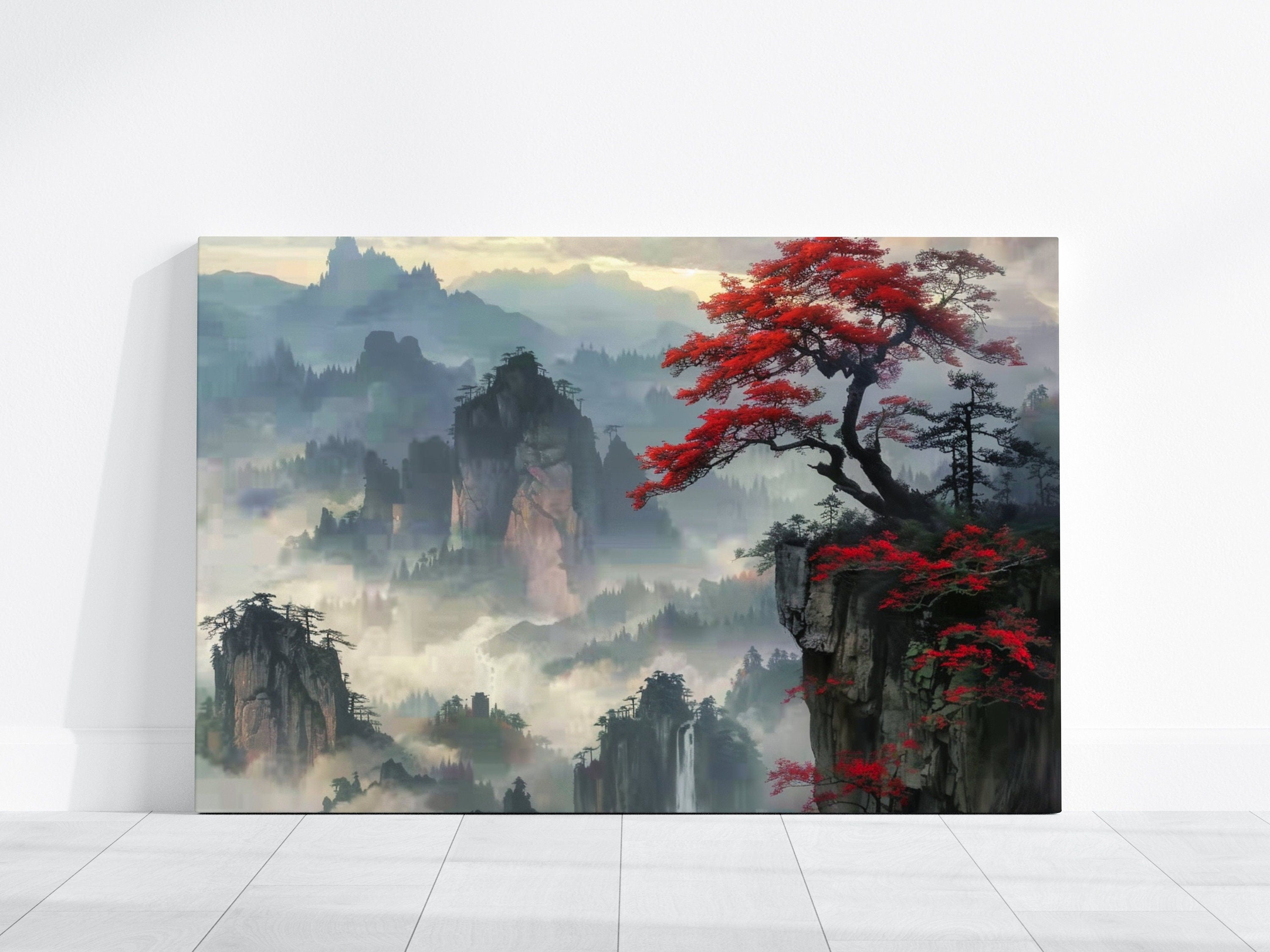 Ethereal Peaks: Chinese Mountain Landscape with Red Tree & Waterfall | Serene & Traditional Asian Art