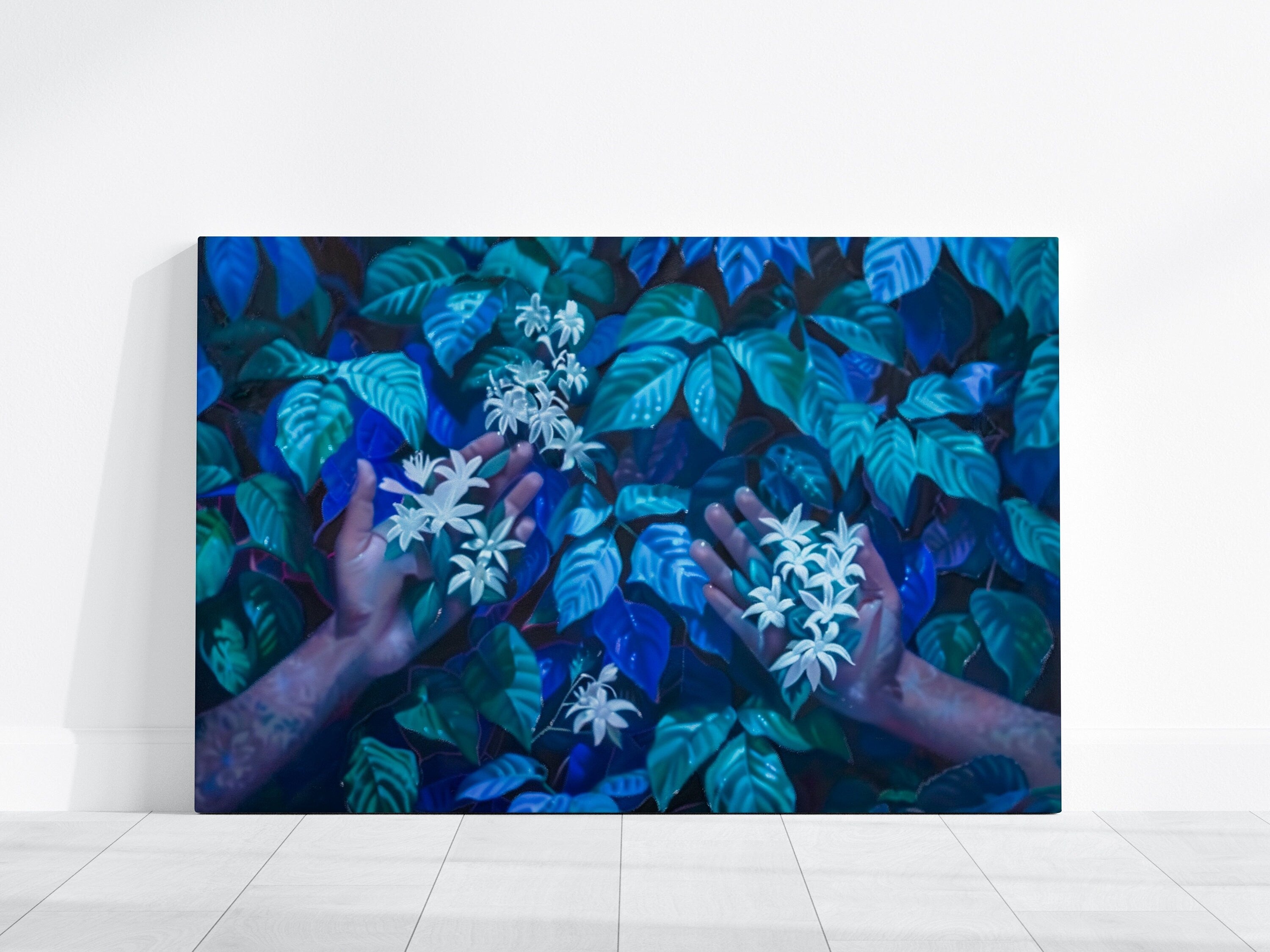 The Offering: Surreal Hands & White Flowers in Lush Foliage | Mystical & Elegant Botanical Art