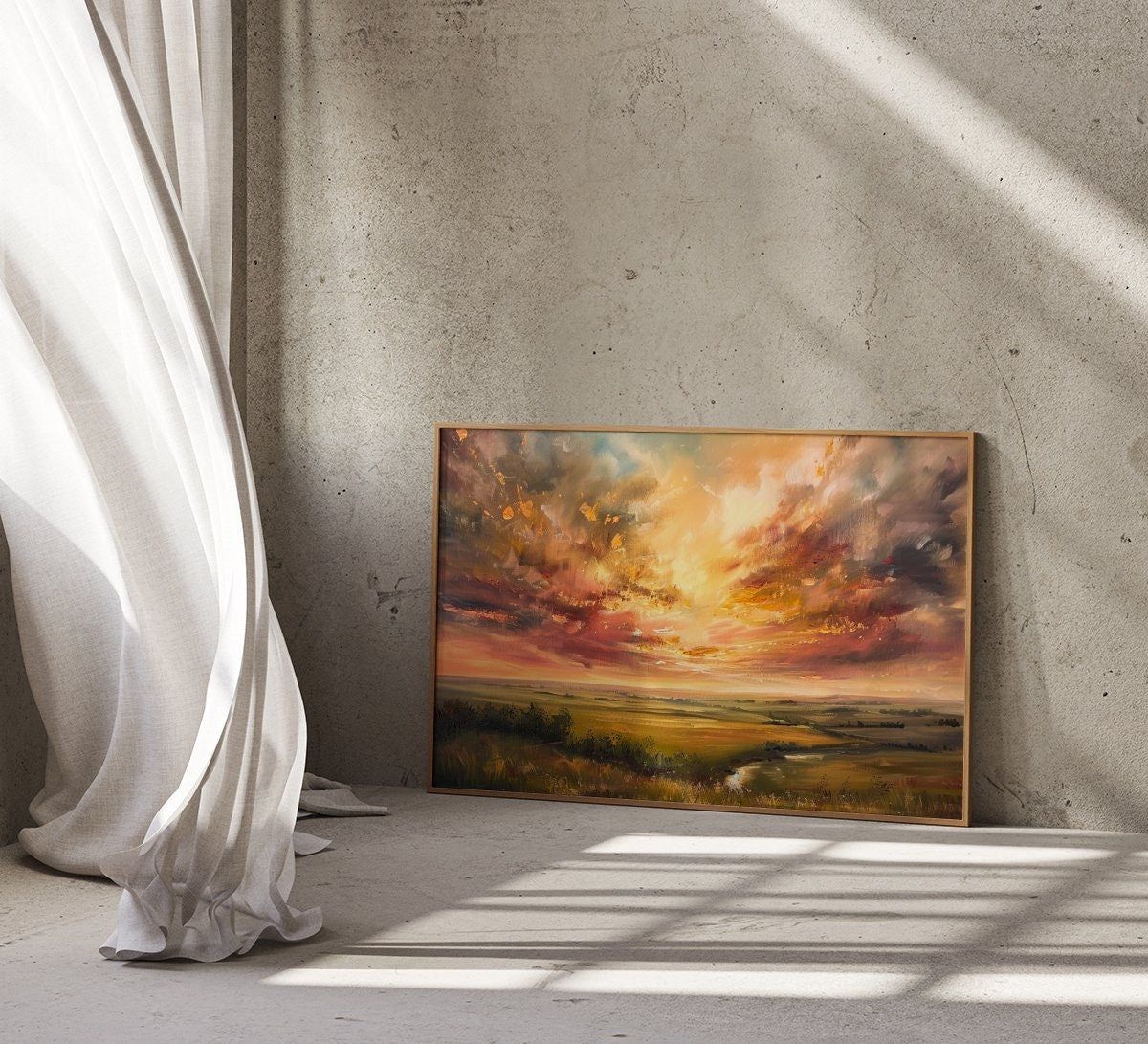 Golden Horizon: Impressionist Sunset Landscape Art | Warm & Serene Rolling Plains Decor