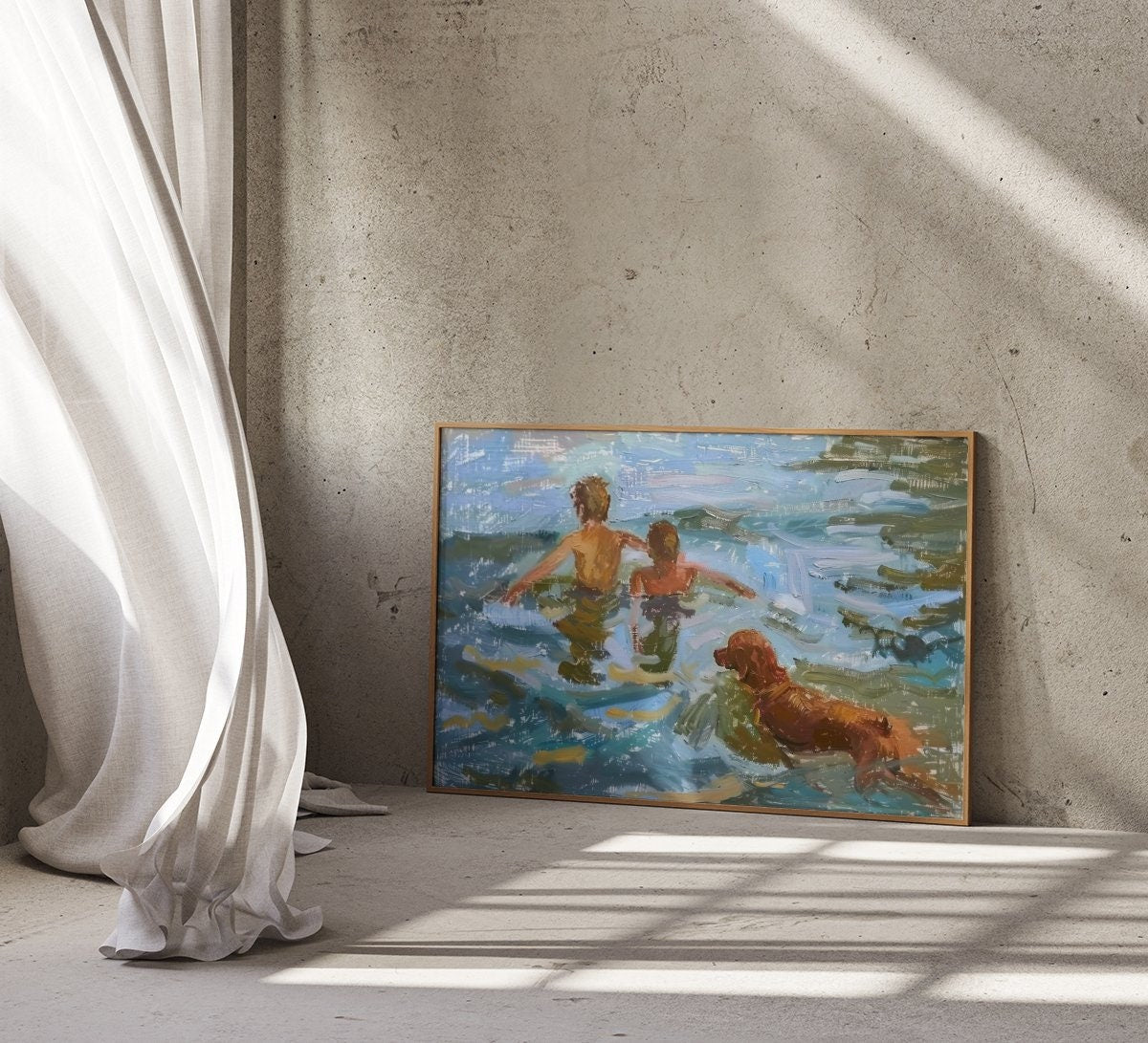 Summer Splash: Impressionist Boys & Dog Swimming in Lake | Nostalgic & Joyful Wall Art