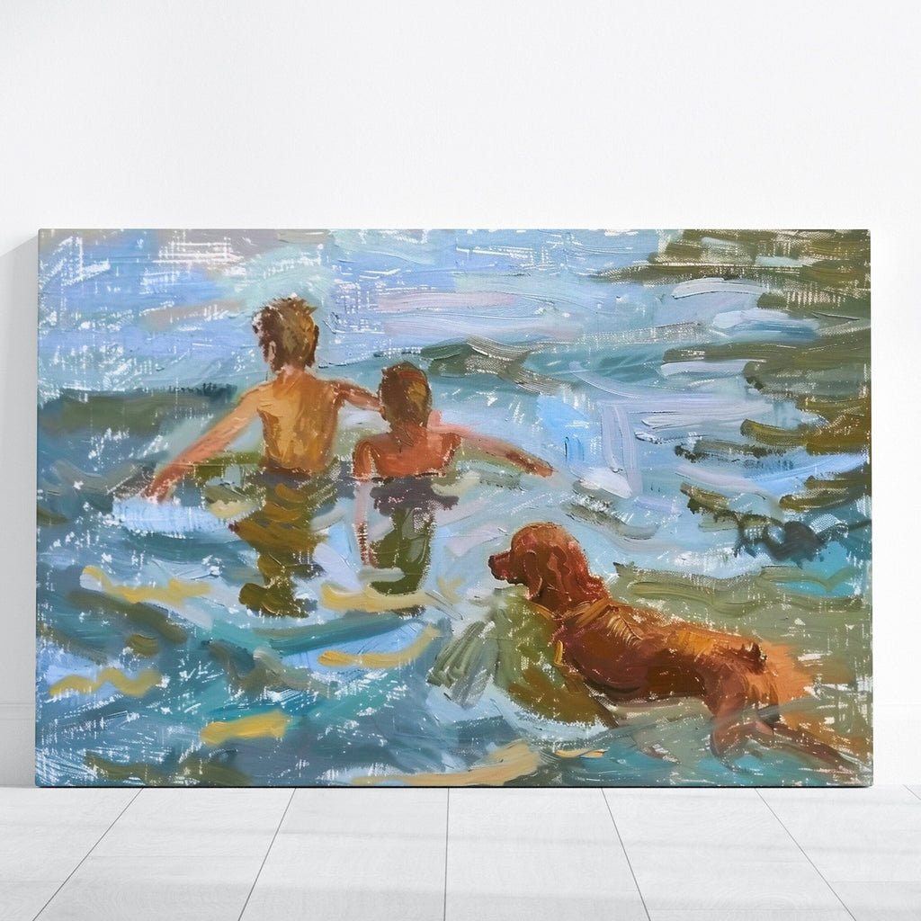 Summer Splash: Impressionist Boys & Dog Swimming in Lake | Nostalgic & Joyful Wall Art