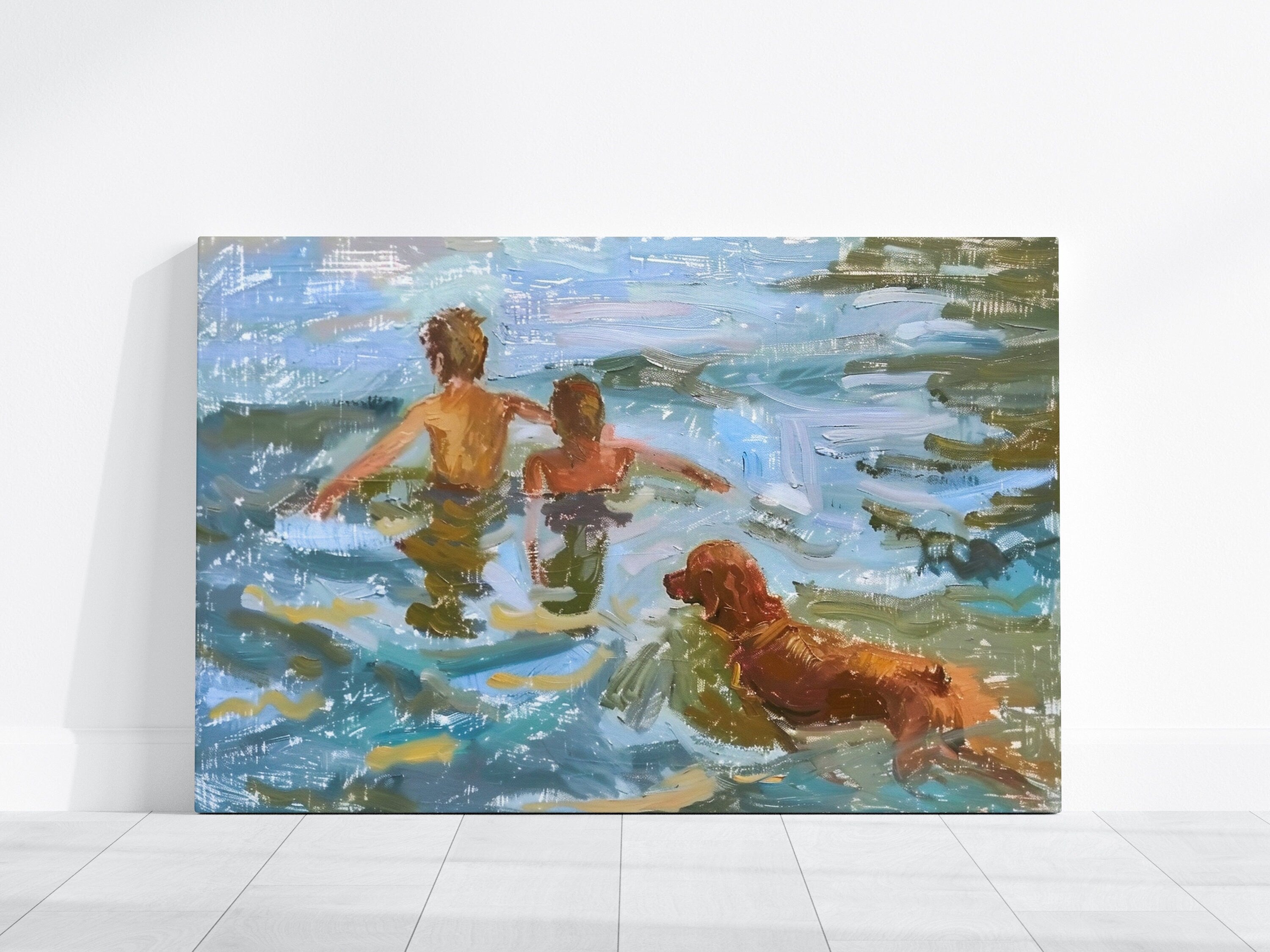 Summer Splash: Impressionist Boys & Dog Swimming in Lake | Nostalgic & Joyful Wall Art