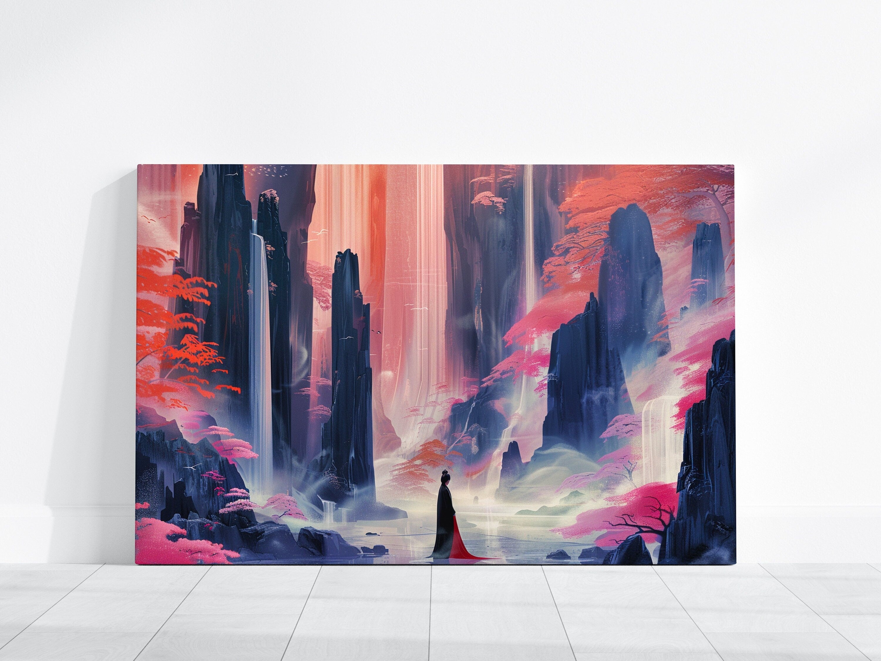 The Crimson Canyon: Ethereal Woman in Red Dress Art | Mystical Waterfall & Fantasy Landscape