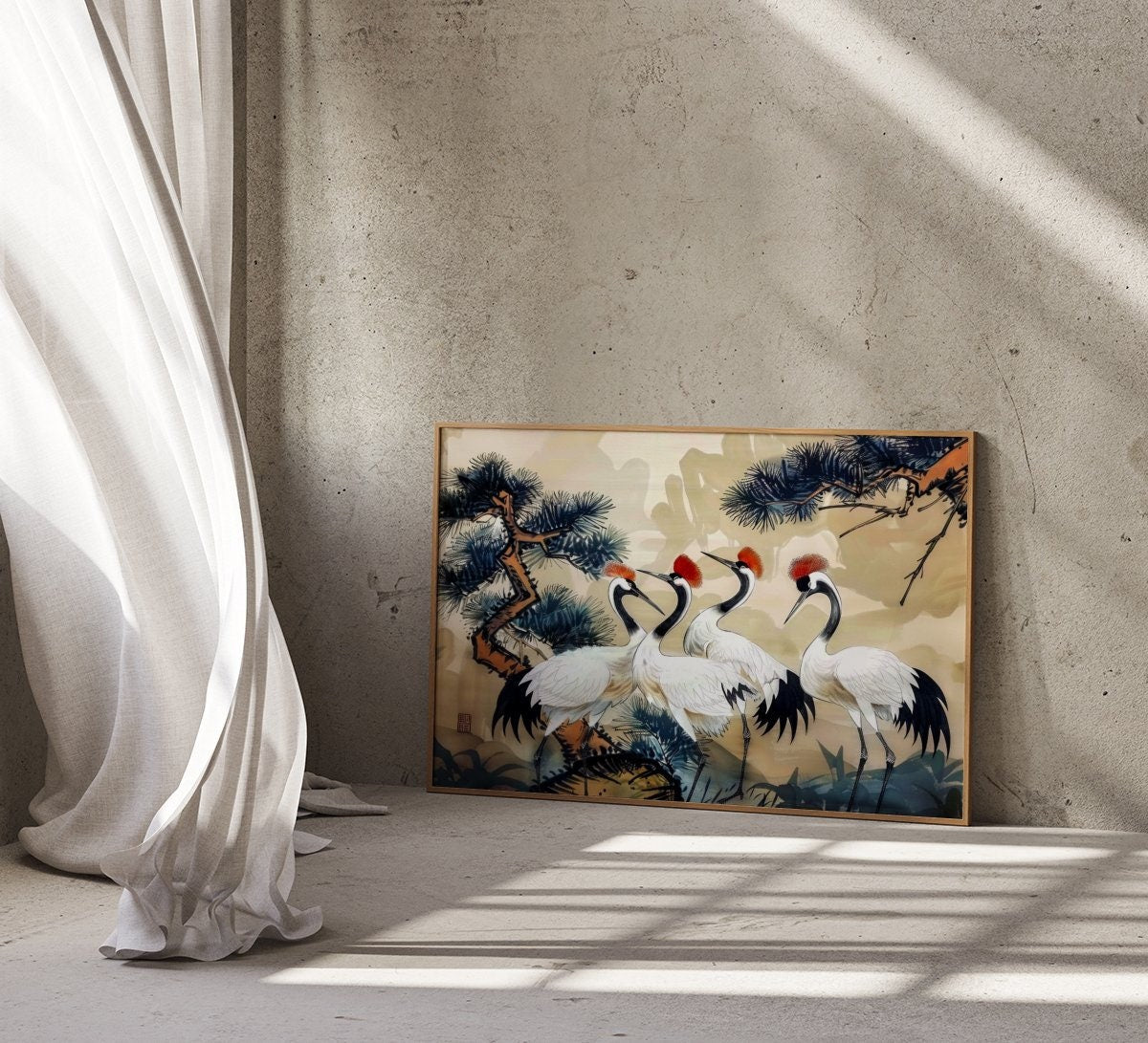 Traditional Chinese Ink Painting of Four Red-Crowned Cranes Interactive Wall Art