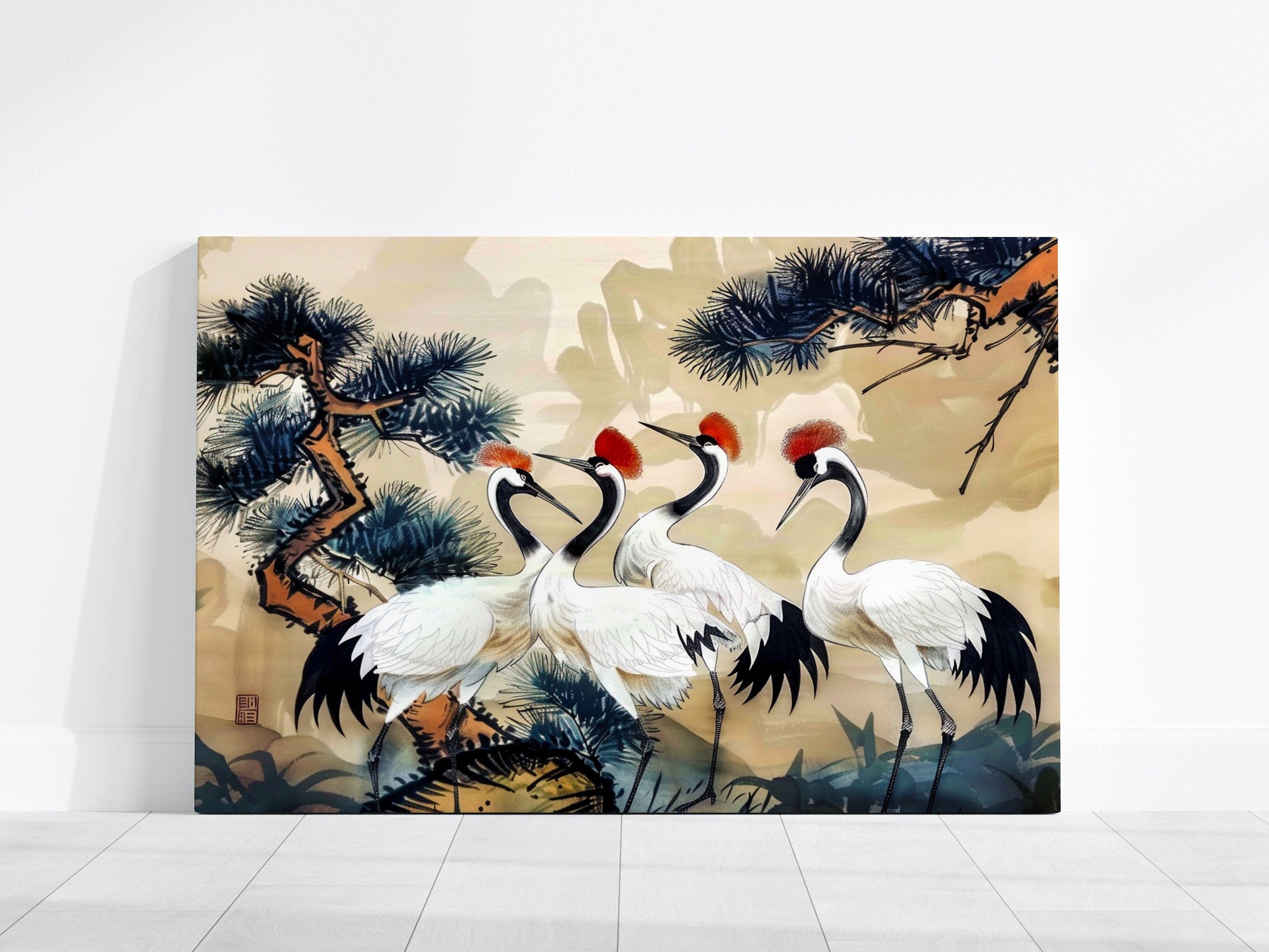 Traditional Chinese Ink Painting of Four Red-Crowned Cranes Interactive Wall Art