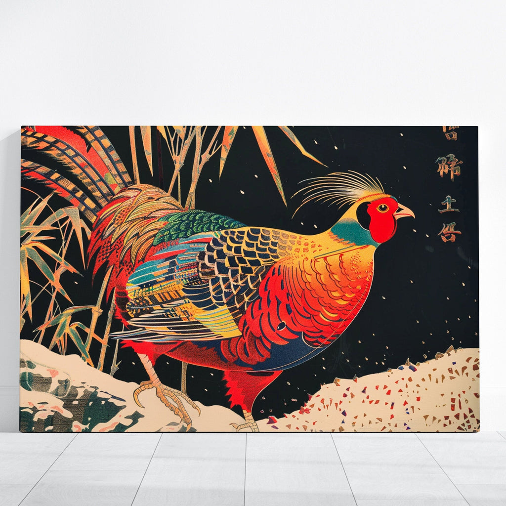 Golden Pheasant in Snow: Traditional Japanese Art Print | Elegant Bird & Bamboo Wall Decor