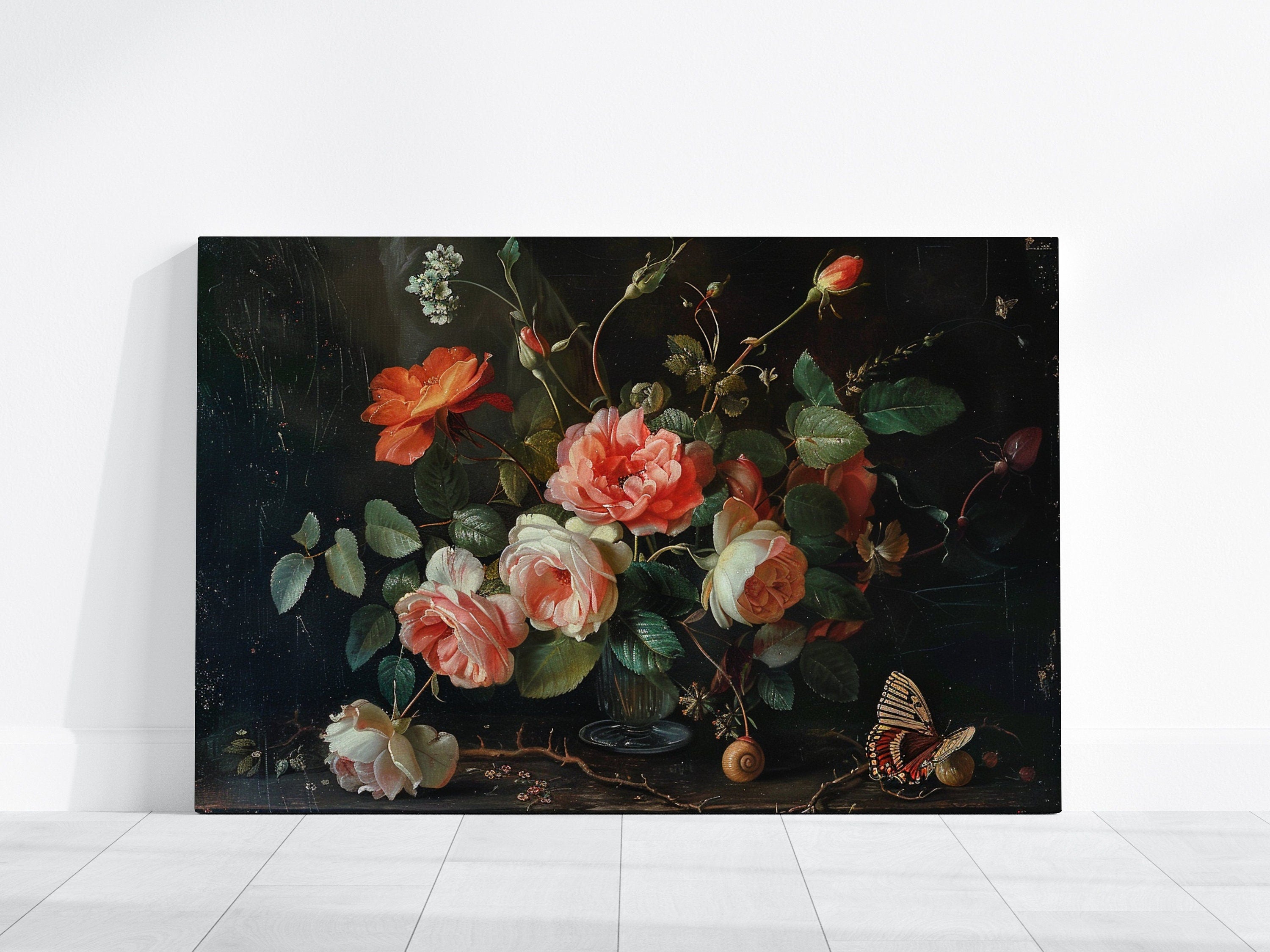 Dutch Master Bouquet Still Life of Pink and White Roses Interactive Wall Art