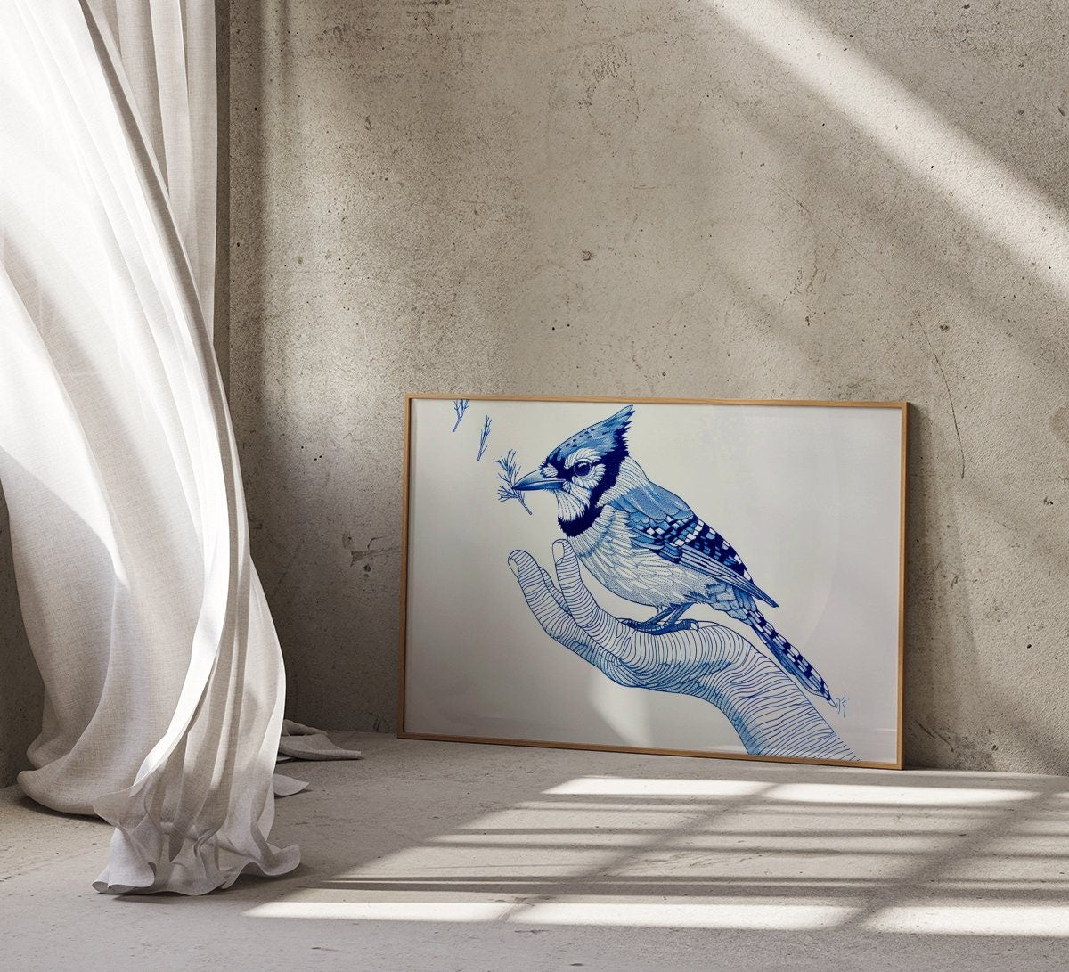 Blue Jay Elegance Intricate Line Interactive Wall Art