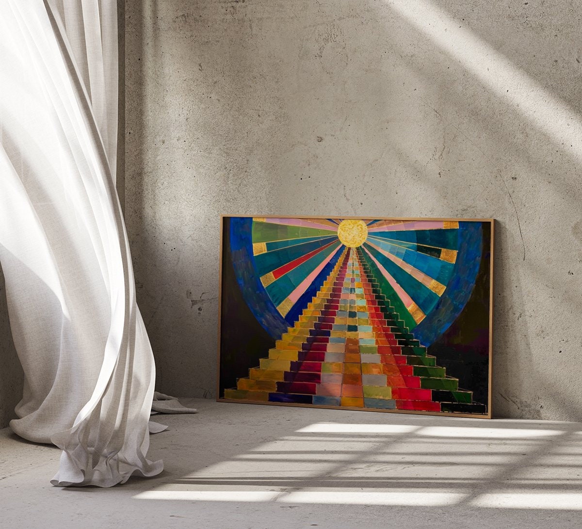 Stairway to Sunshine Abstract Colorful Staircase Ascending Bright Sun Interactive Wall Art