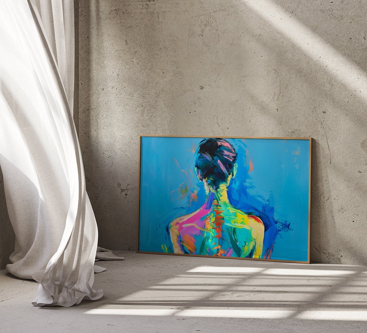 The Turn: Elegant Woman's Back Impasto Art | Modern & Expressive Blue Wall Decor