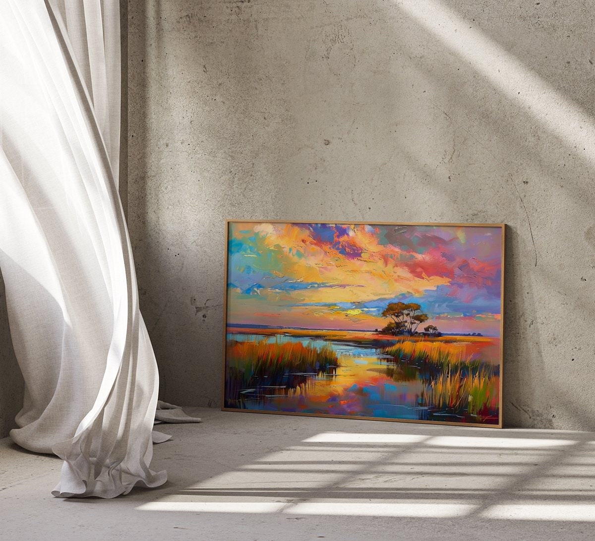 Marsh Sunset Serenity: Impressionist Landscape with Tall Grass & Lone Tree | Serene & Vibrant Wall Art
