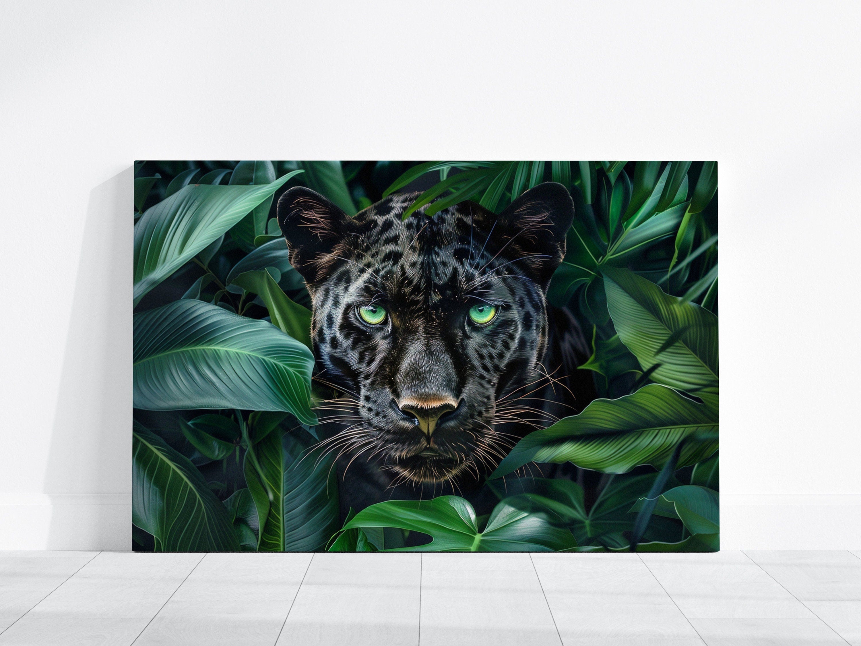 Stealthy Elegance Hyperrealistic Black Panther, Piercing Green Eyes Interactive Wall Art