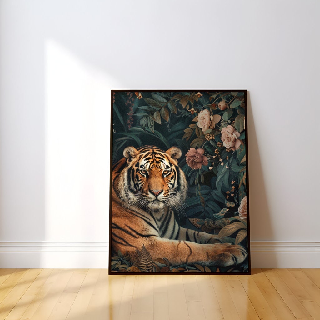 Tranquil Majestic Bengal Tiger in Lush Garden Interactive Wall Art