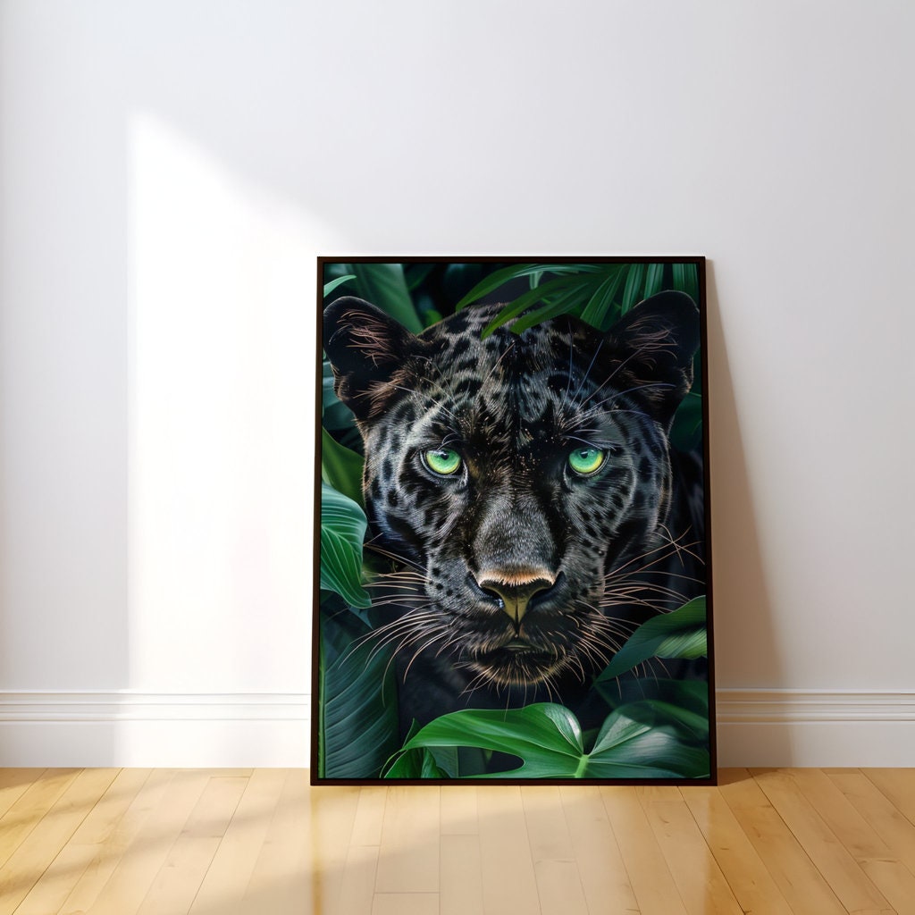 Stealthy Elegance Hyperrealistic Black Panther, Piercing Green Eyes Interactive Wall Art