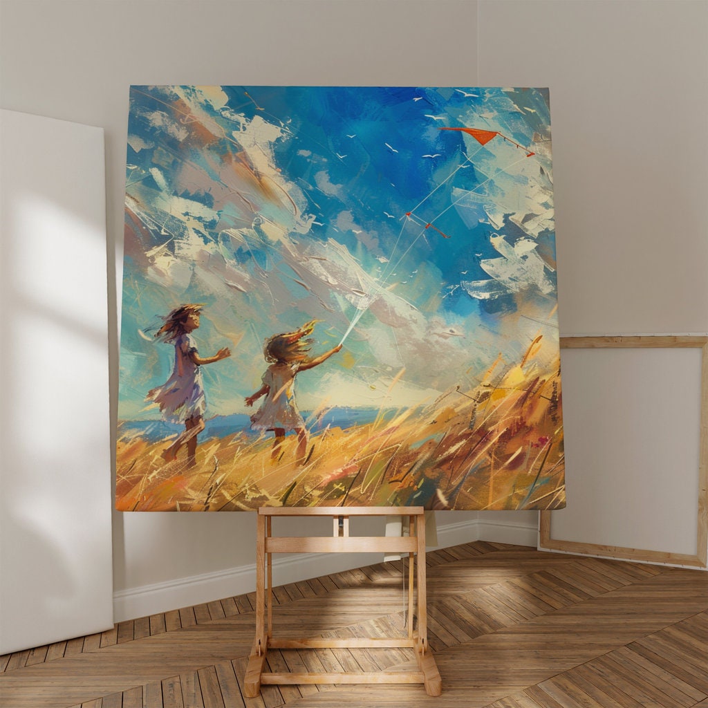 The Wind Catchers: Impressionist Girls with Kites Art | Nostalgic & Joyful Summer Decor