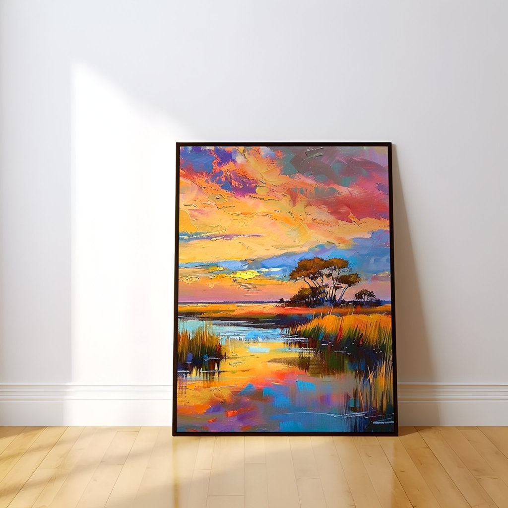 Marsh Sunset Serenity: Impressionist Landscape with Tall Grass & Lone Tree | Serene & Vibrant Wall Art