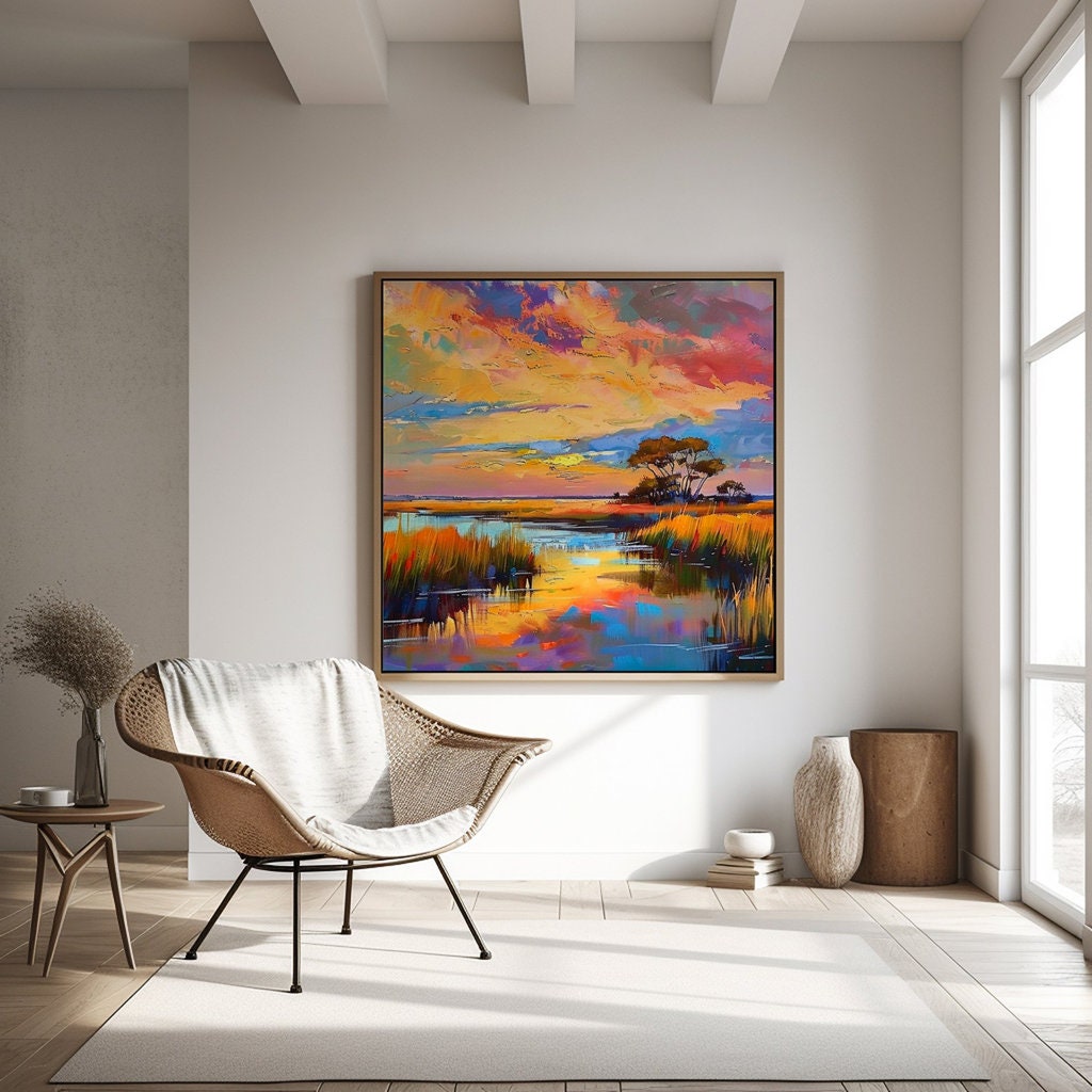 Marsh Sunset Serenity: Impressionist Landscape with Tall Grass & Lone Tree | Serene & Vibrant Wall Art